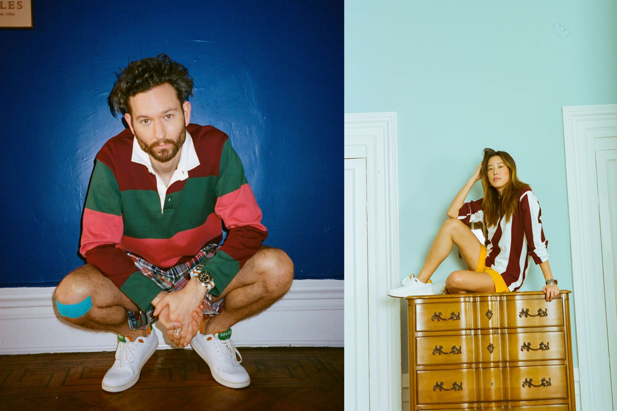 Male model wearing the Mossley Rugby, the Bishop Patchwork Madras Shorts, the Sperry x Rowing Blazers Cloud Cup Sneaker in orange and green. Female model wearing the Game Rugby in burgundy and white
