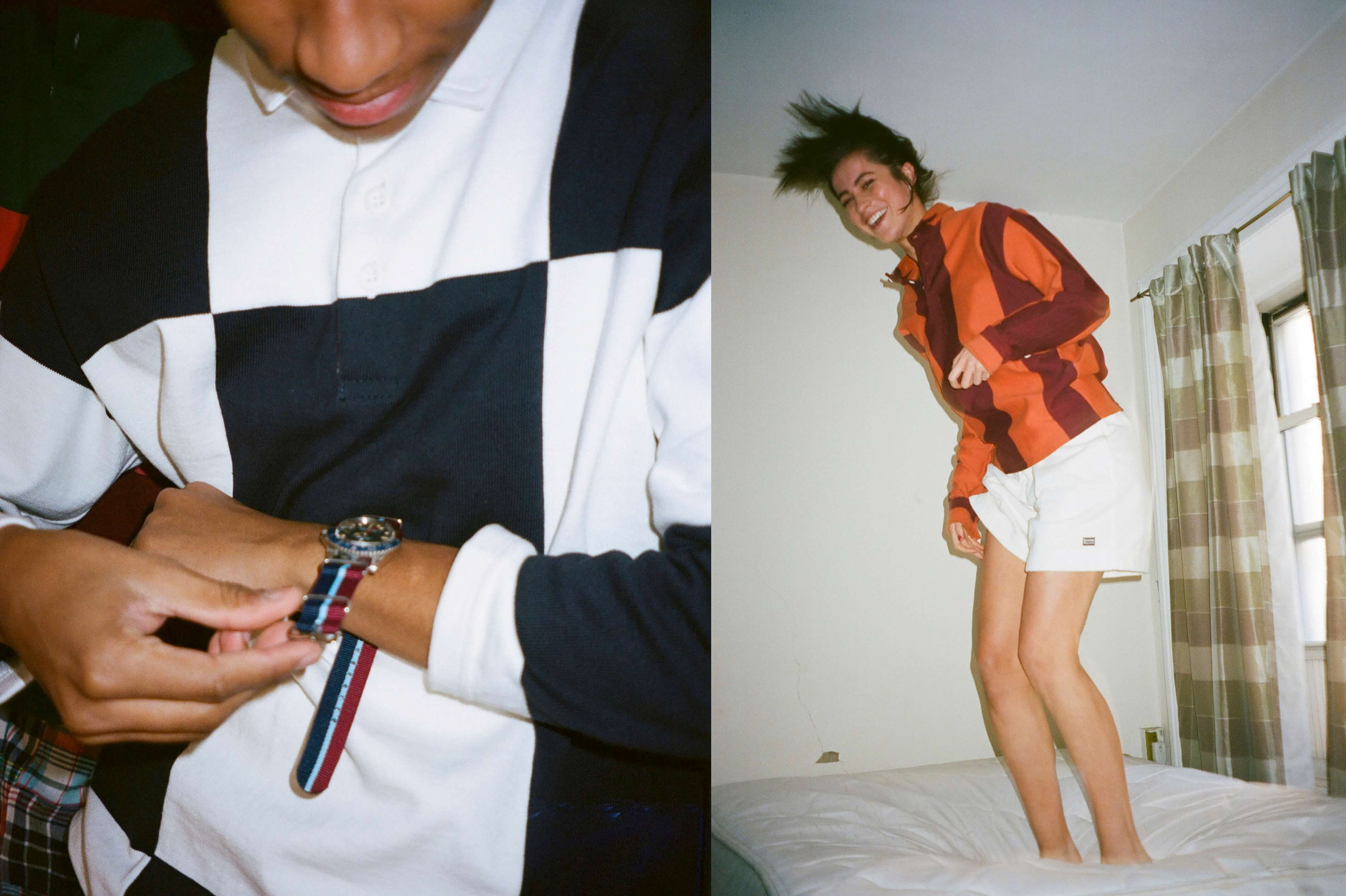 Male model wearing the Checkered Rugby and the Blue, Navy and Red Stripe Watch Strap. Female model wearing the Game Rugby in orange and Burgundy and the Cotton Shorts in white