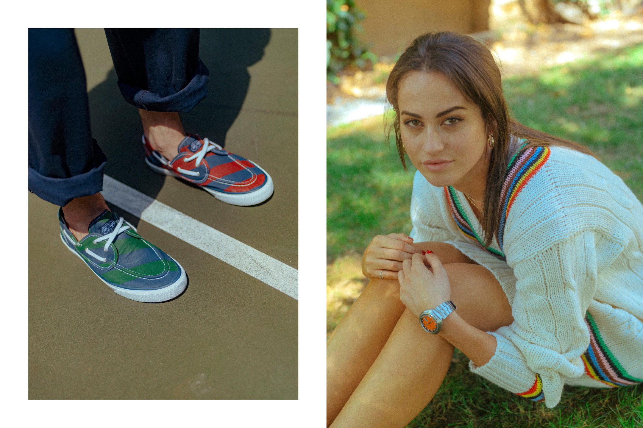 Male model wearing the Mismatched Rugby Stripe Seamate shoes. Female model wearing the Cream Wool Cricket Sweater in Croquet Stripe