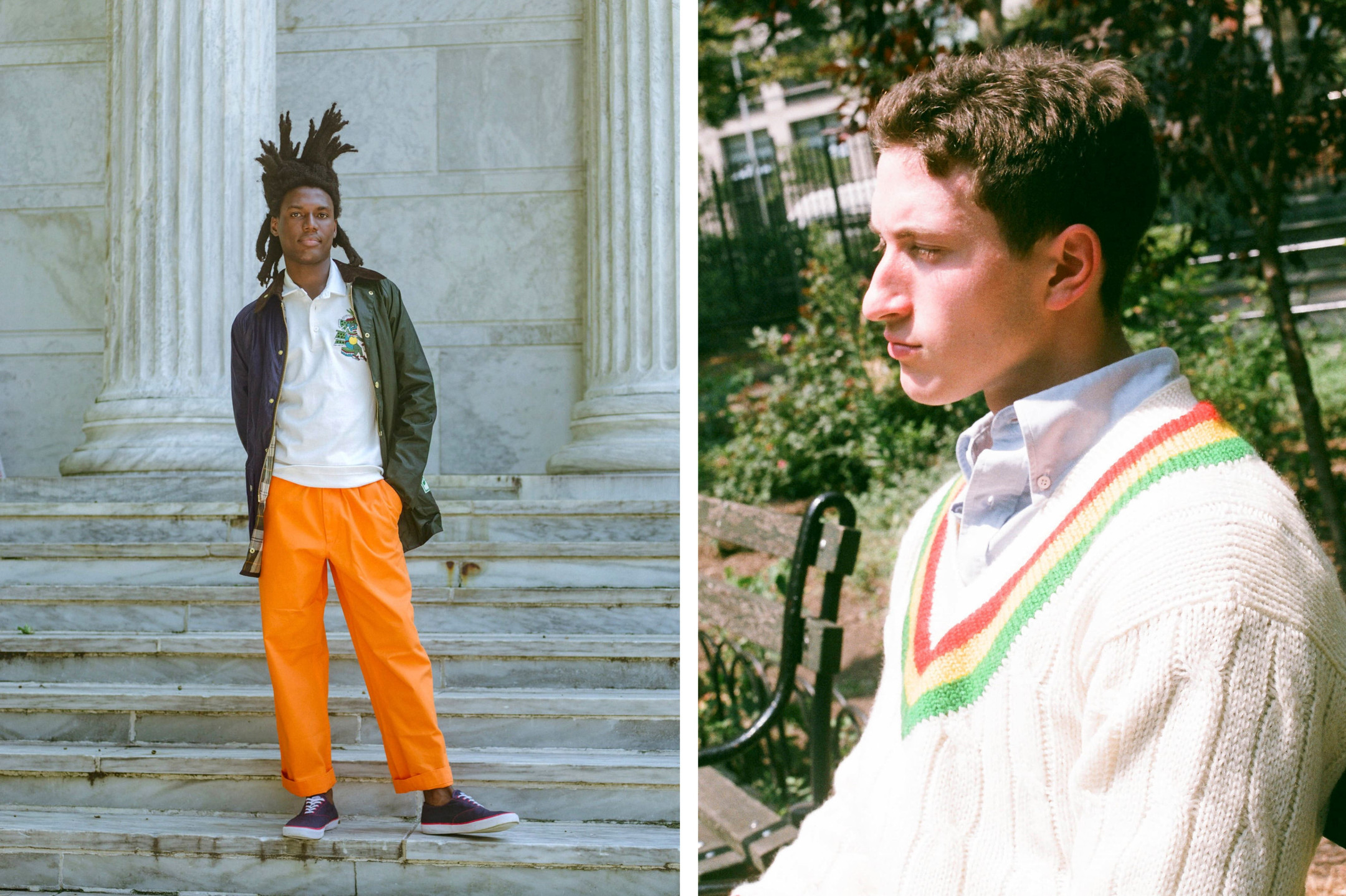 Male model wearing the Cotton Twill Tailored Trousers in orange. Male model wearing the Oxford Button-Down in white and the Croquet Cricket Sweater in red, yellow and green