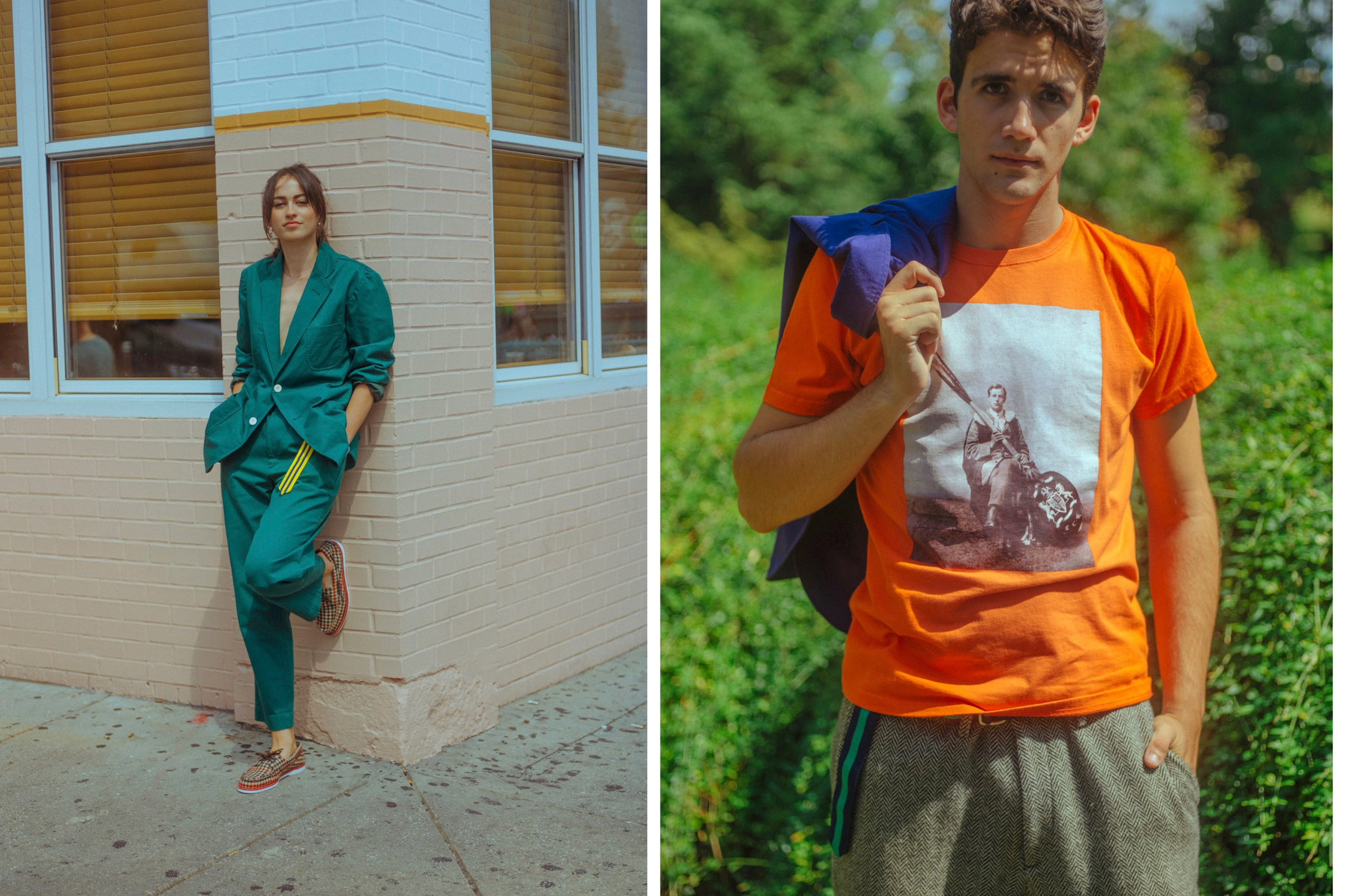 Female model wearing the Cotton Twill Tailored Trousers in green and the Grosgrain Belt in navy and yellow. Male model wearing the Wooden Spoon Tee in orange and the Grosgrain Belt in navy and green