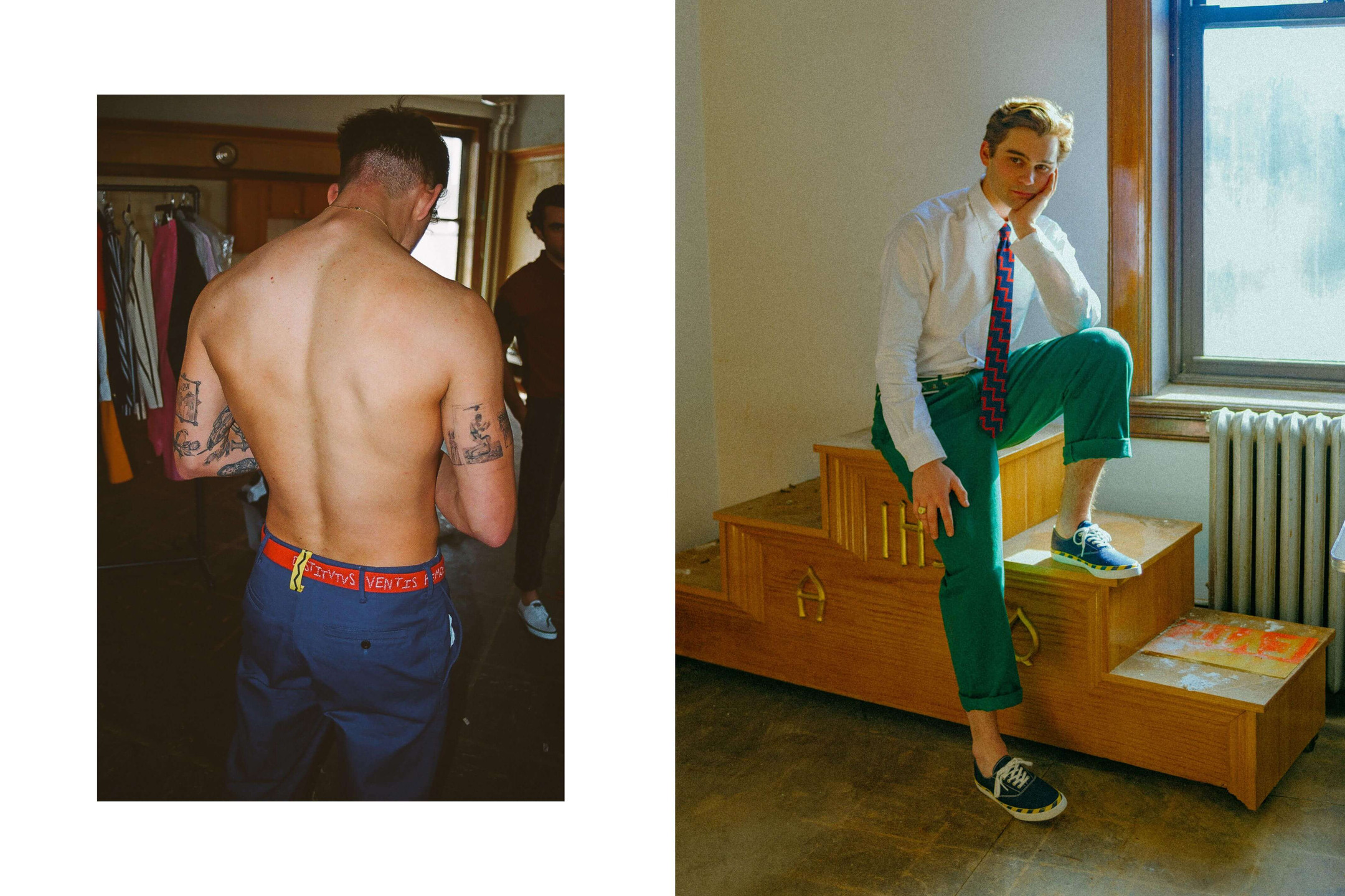 Male model wearing the Cotton Twill Tailored Trousers in royal blue and the Latin Boat Strap Belt in red. Male model wearing the Cotton Twill Tailored Trousers in green and the Oxford Button-Down Shirt in White