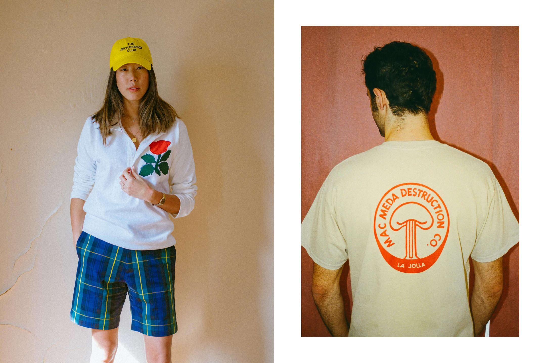 Female model wearing the Archaeology Club Cap in yellow and the England 1871 Rugby. Male model wearing the Mac Meda Gold Mushroom Cloud Tee