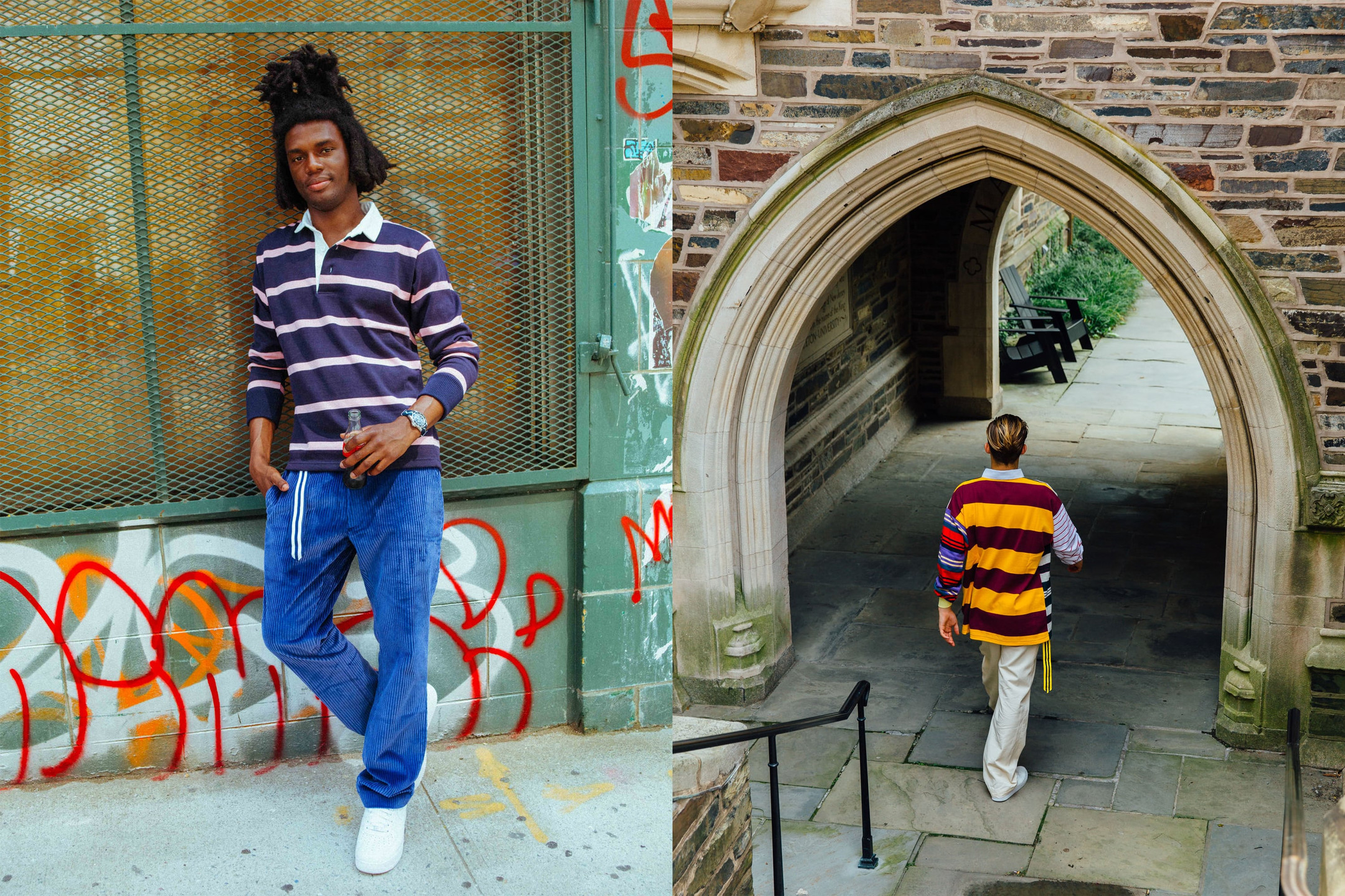 Male model wearing the Hockney Stripe Rugby in navy and pink and the Grosgrain Belt in navy and white. Male model wearing the End-of-the-Day Rugby and the Cream Twill Wide Leg Trousers