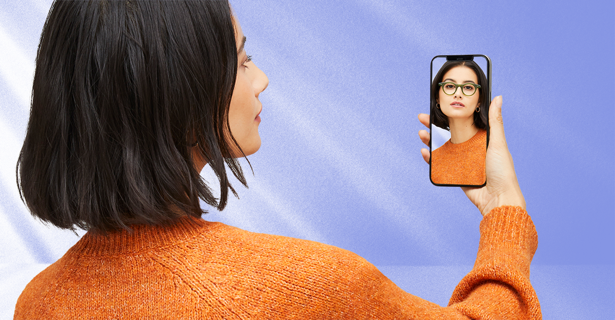 Female model using her phone to try on on eyeglasses through virtual try-on