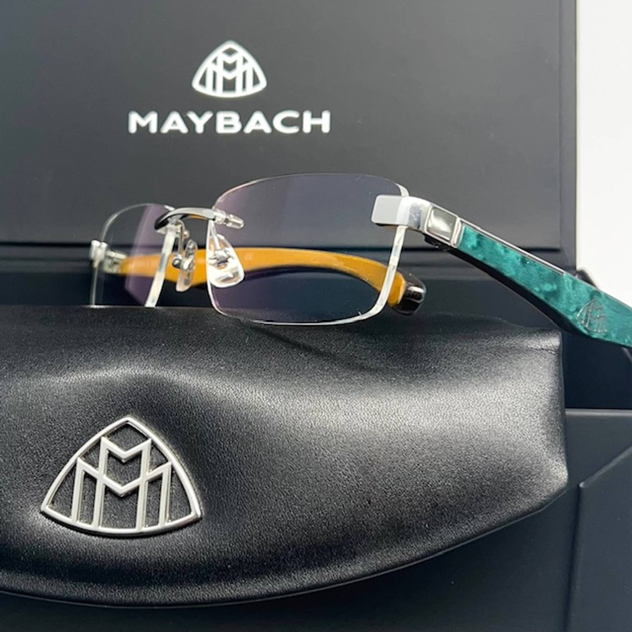 Maybach buffalo horn eyeglasses on a case.