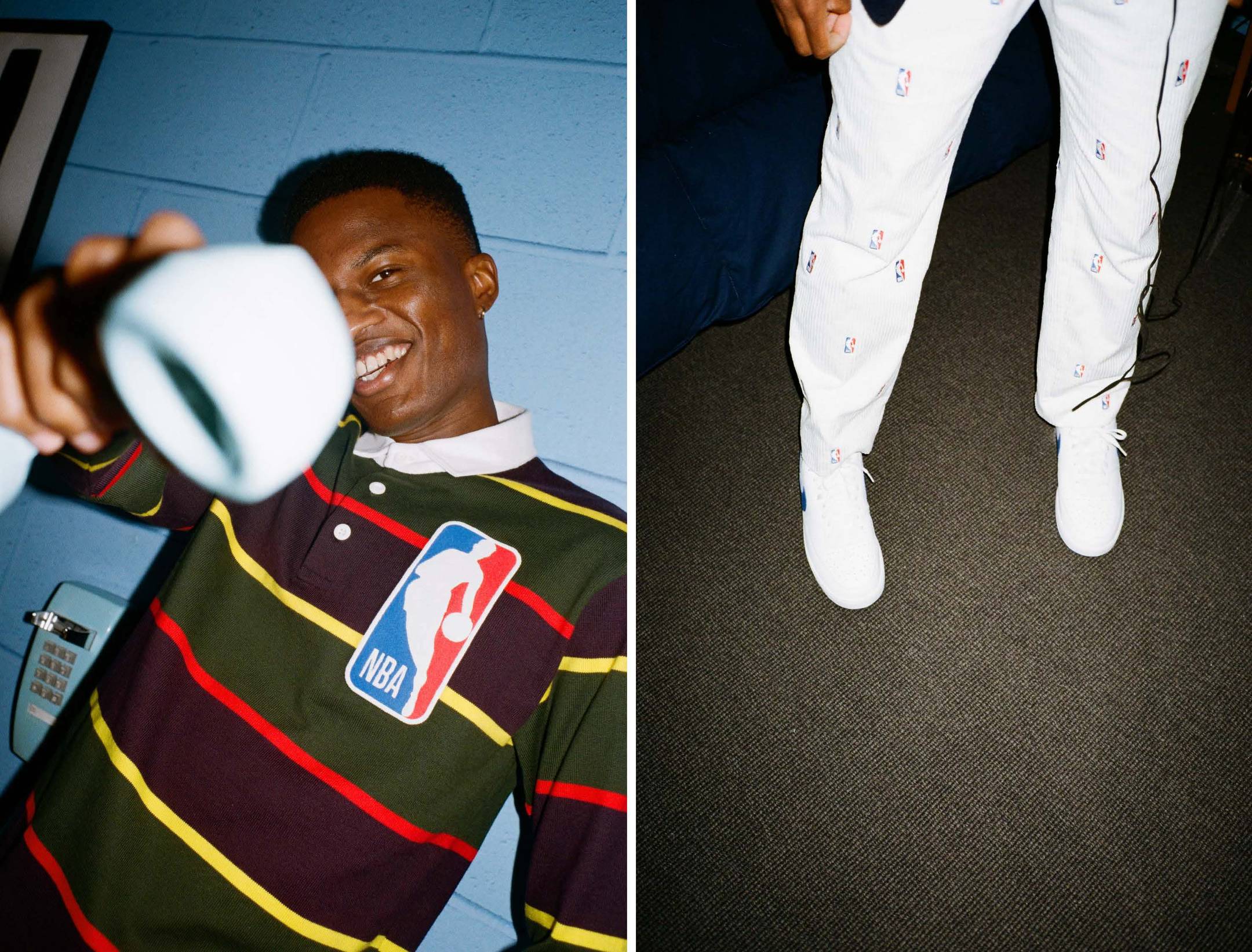 Model pointing a telephone at the camera, wearing the NBA Logo Rugby and NBA White Corduroy Trousers.