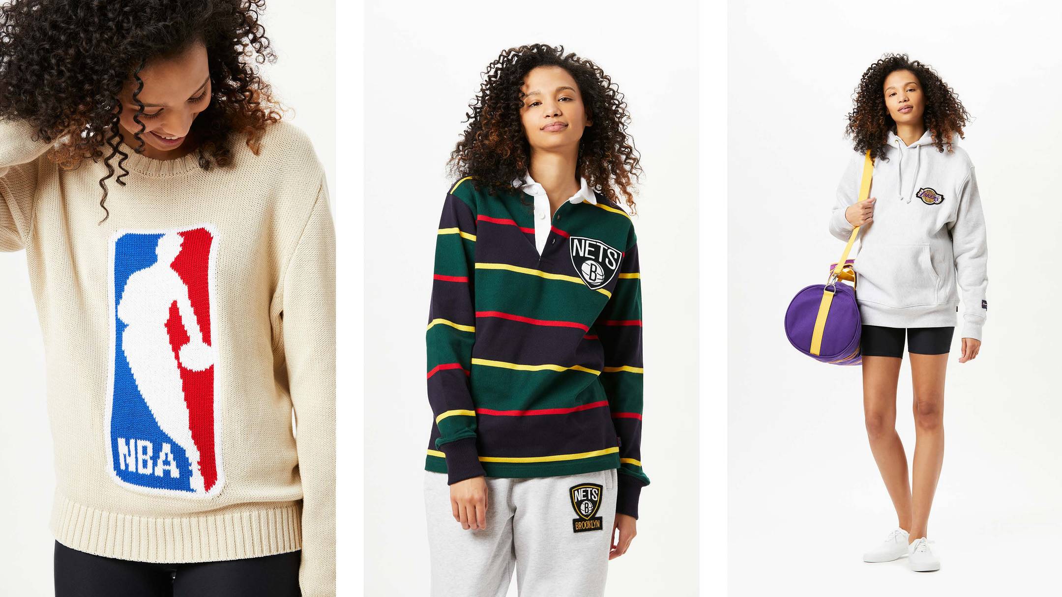 Three images of a female model wearing the NBA Logo Sweater in Cream, The Brooklyn Nets Rugby, and the Los Angeles Lakers Hoodie and Banker Bag.