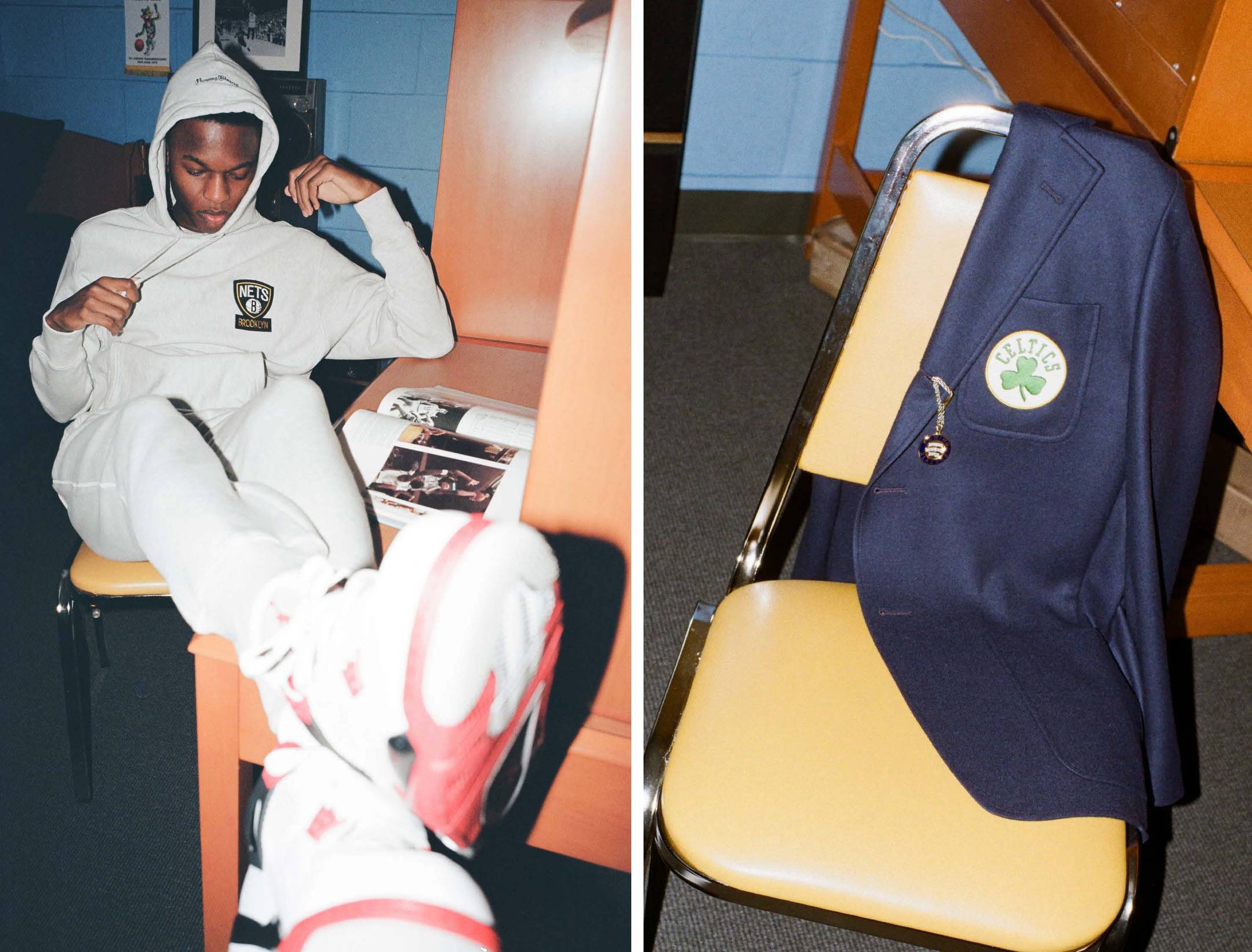 Model in a dorm room wearing the Brooklyn Nets Hoodie and Joggers. The Boston Celtics Navy Club Blazer hanging on a chair.