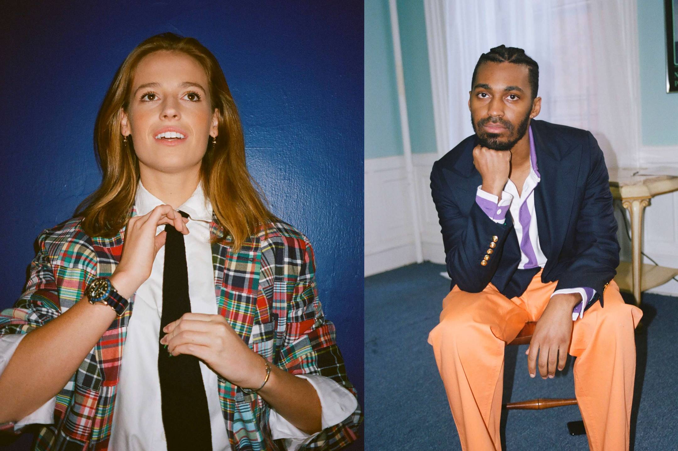 Female model wearing the Bishop Patchwork Madras Blazer and the White Oxford Button-Down shirt. Male model wearing the Cotton Twill Tailored Trousers in Orange and the Game Rugby in purple and white. 