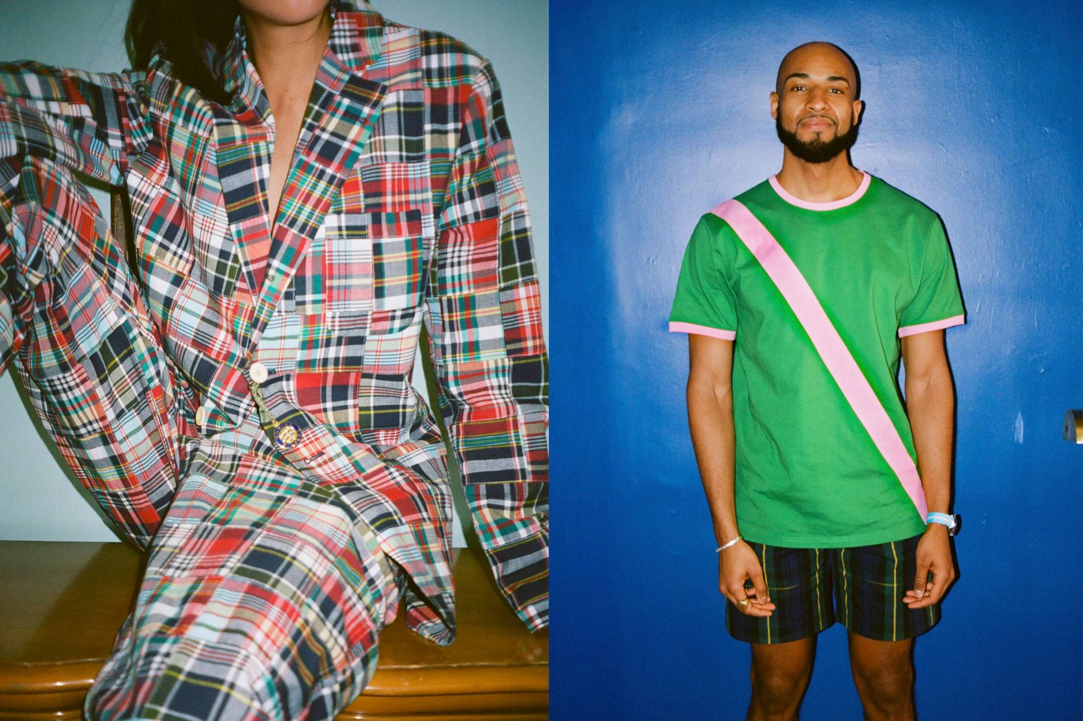Female model wearing the Bishop Patchwork Madras Blazer and the Bishop Patchwork Madras Trousers. Male model wearing the Diagonal Cut/Sew Shirt in green and pink