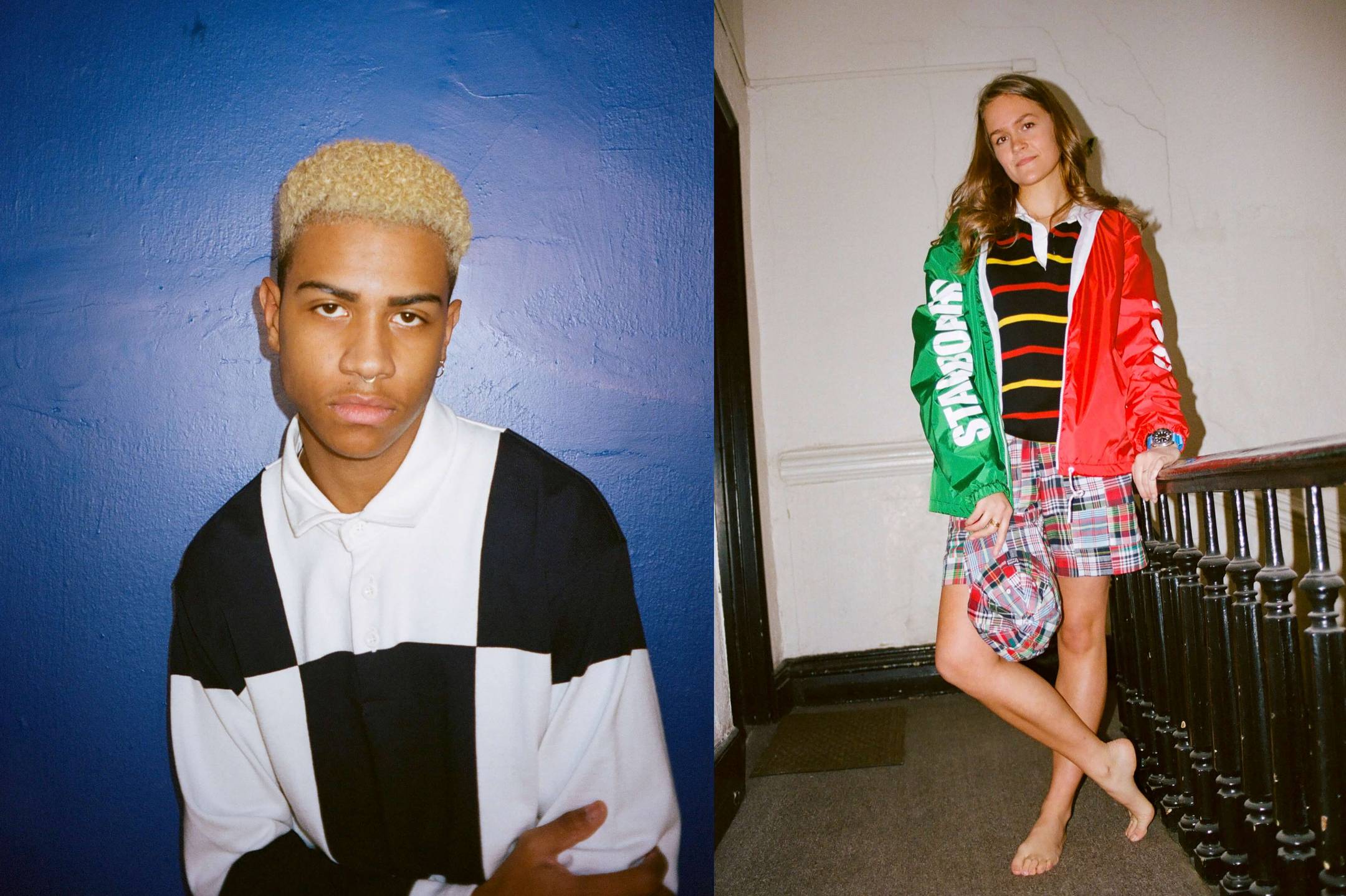 Male model wearing the Checkered Rugby. Female model wearing the Ashby Rugby, Rowing Blazers X Lands' End Port/Starboard Windbreaker and the Bishop Patchwork Madras shorts
