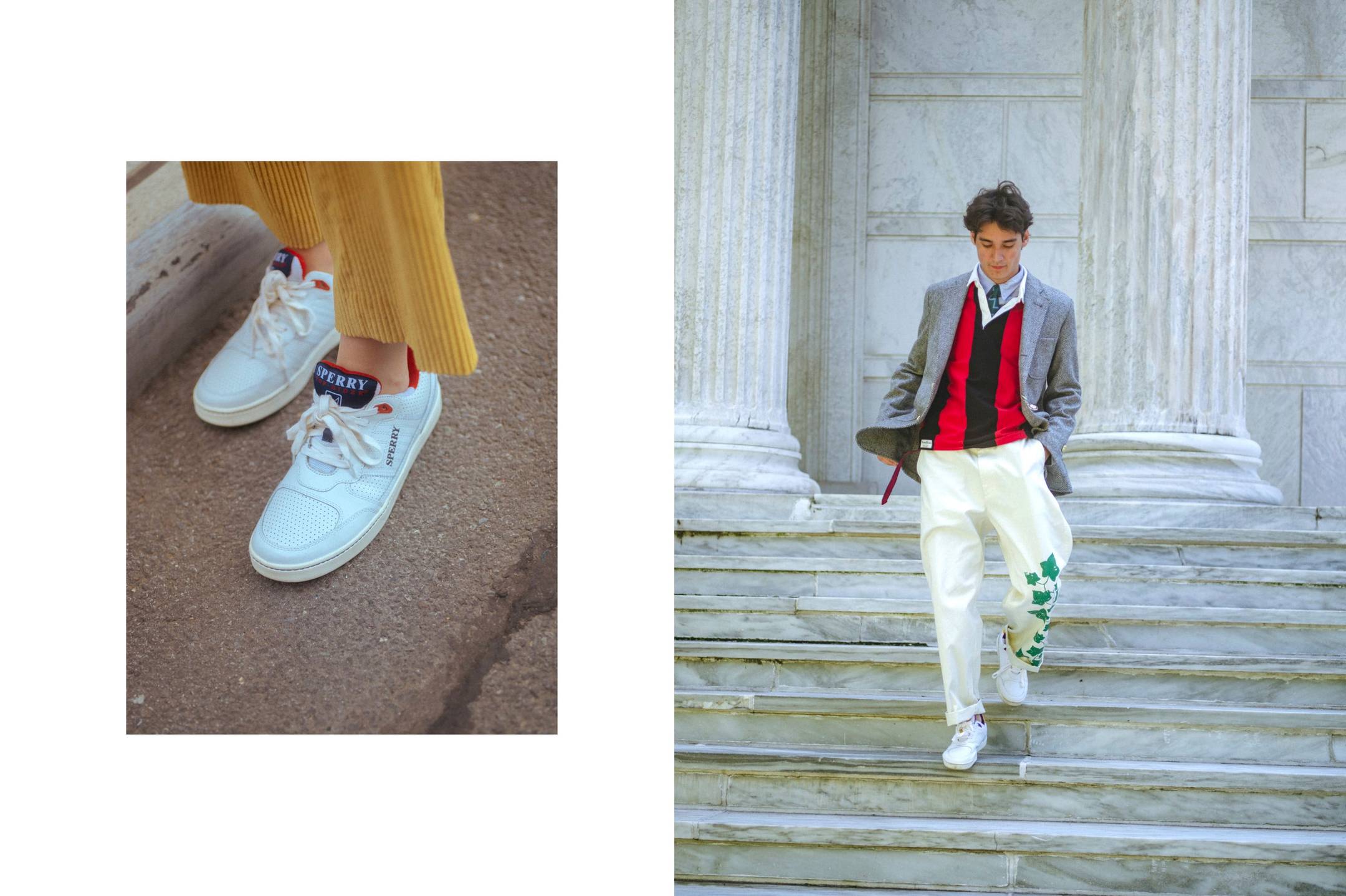 Female model wearing the Extra Soft Corduroy Wide Leg Trousers in gold and the Sperry x Rowing Blazers Cloud Cup Sneaker in navy and red. Male model wearing the Vertical Stripe Rugby in black and red and the Sperry x Rowing Blazers Cloud Cup Sneaker in gold and purple