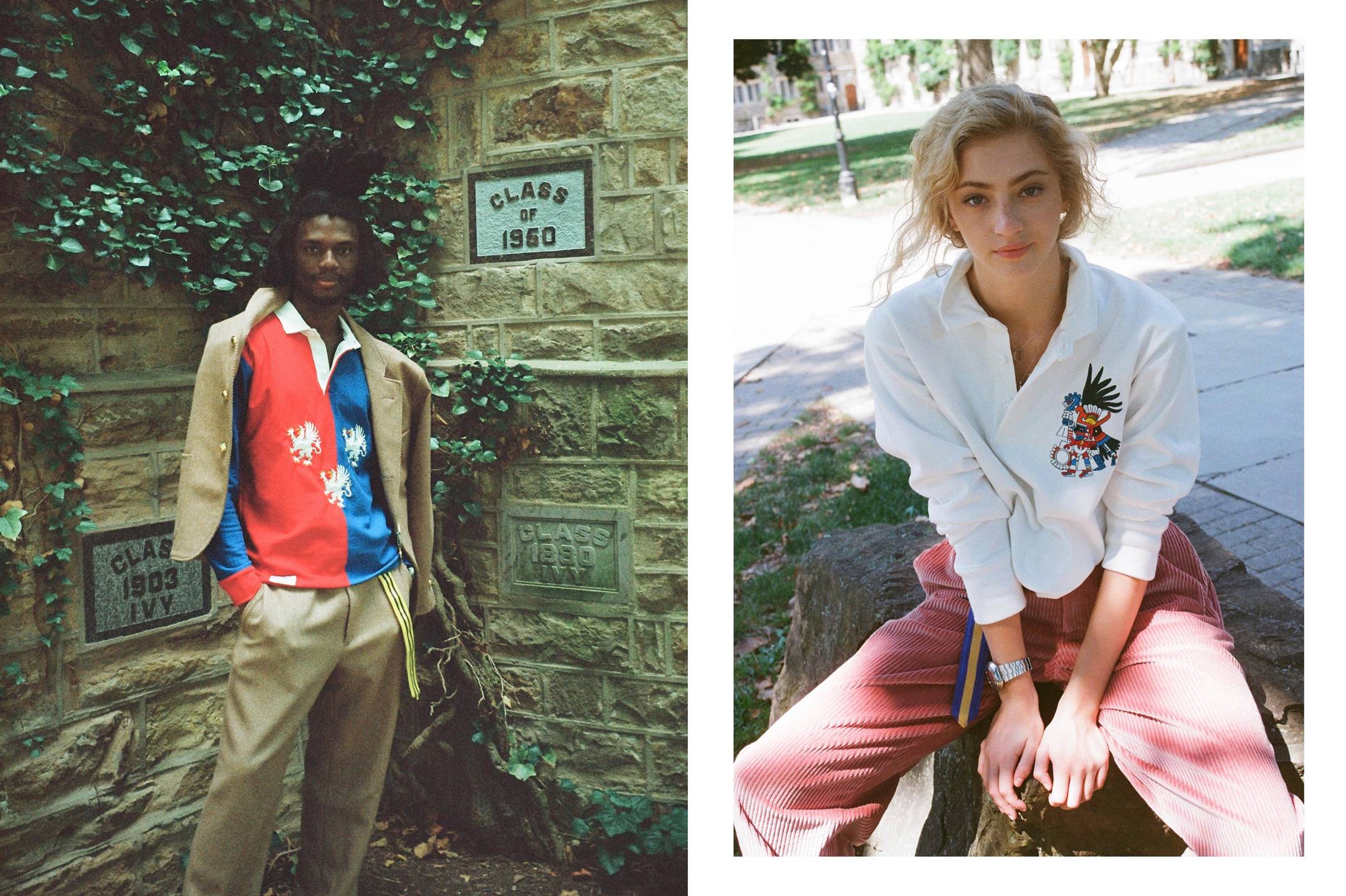 Male model is wearing the Griffin Split Rugby and the Grosgrain belt in navy and yellow. Female model is wearing the Extra Soft Corduroy Wide Leg Trousers in dusty rose and the Grosgrain Belt in navy and gold