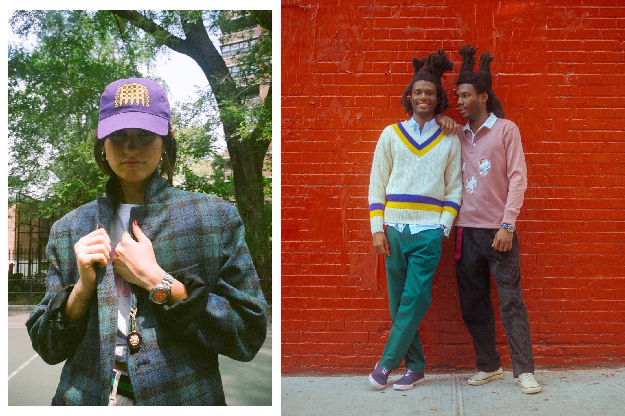 Female model wearing the Rowing Blazers Collegiate Tee in pink and the Grosgrain Belt in navy and green. Male model is wearing the Cream Wool Cricket Sweater in purple and yellow and the Cotton Twill Tailored Trousers in green