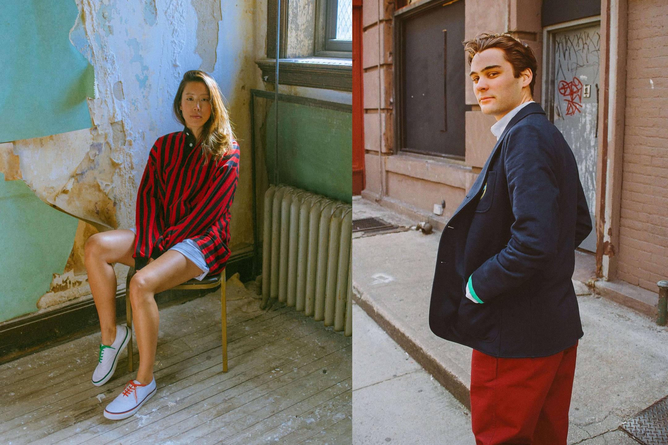 Female model wearing the Cotton Shorts in white. Male model wearing the Cotton Twill Tailored Trousers in red and the Oxford button-down in white