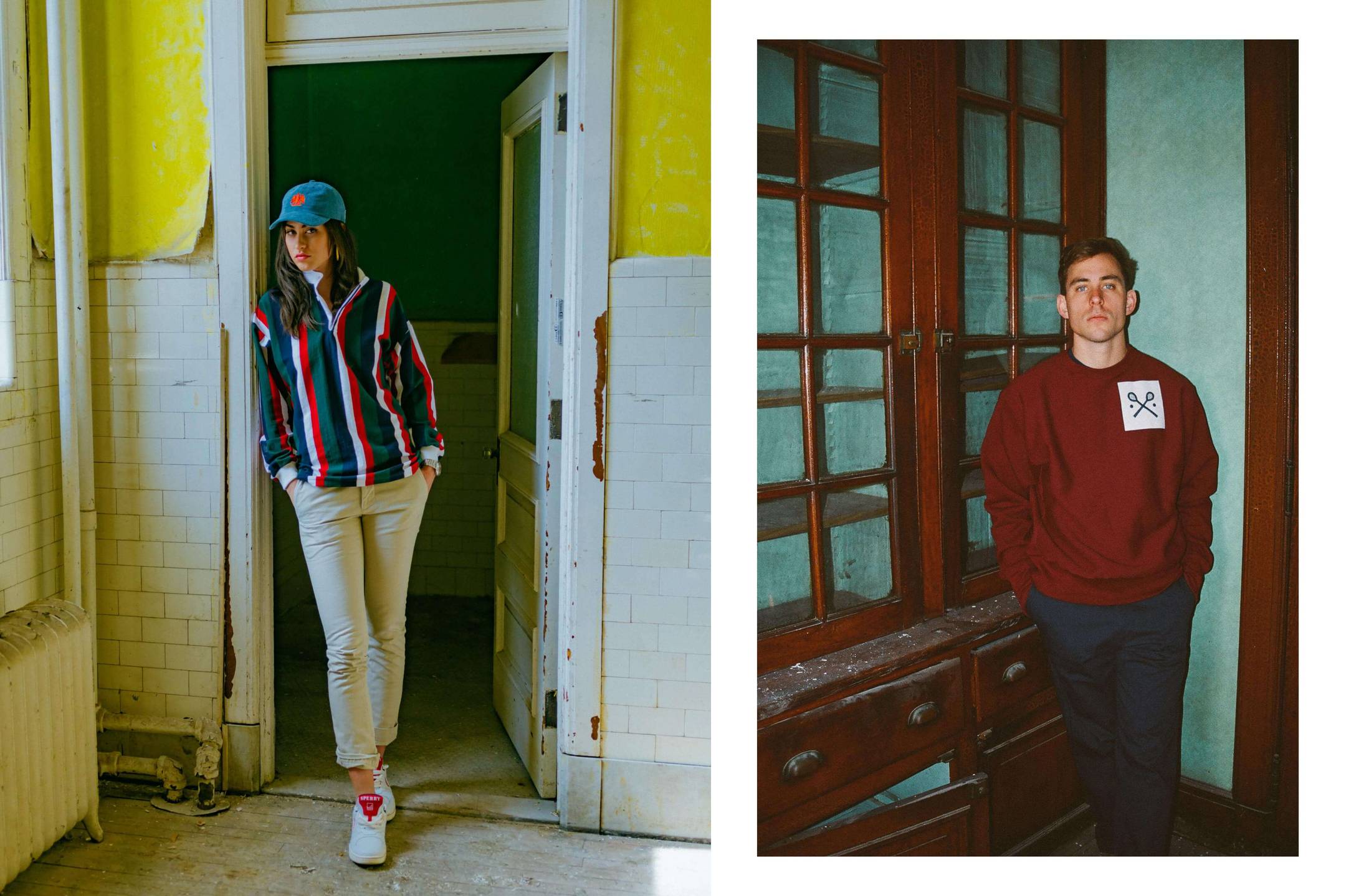 Female model wearing the Schoolboy Soccer Shirt in navy, white, red and green and the Sperry x Rowing Blazers Cloud Cup Sneaker in navy and red. Male model wearing the Navy Cotton Twill Tailored Trousers and the Reverse-Weave Racquets Crewneck Sweatshirt in burgundy