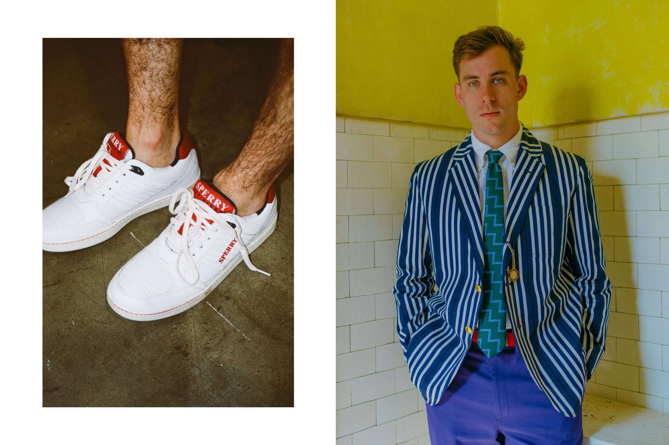 Male model wearing the Sperry x Rowing Blazers Cloud Cup Sneaker in navy and red. Male model wearing the Byzantine Stripe Freshman Blazer, the Cotton Twill Trousers in royal blue and the Latin Boat Strap in red