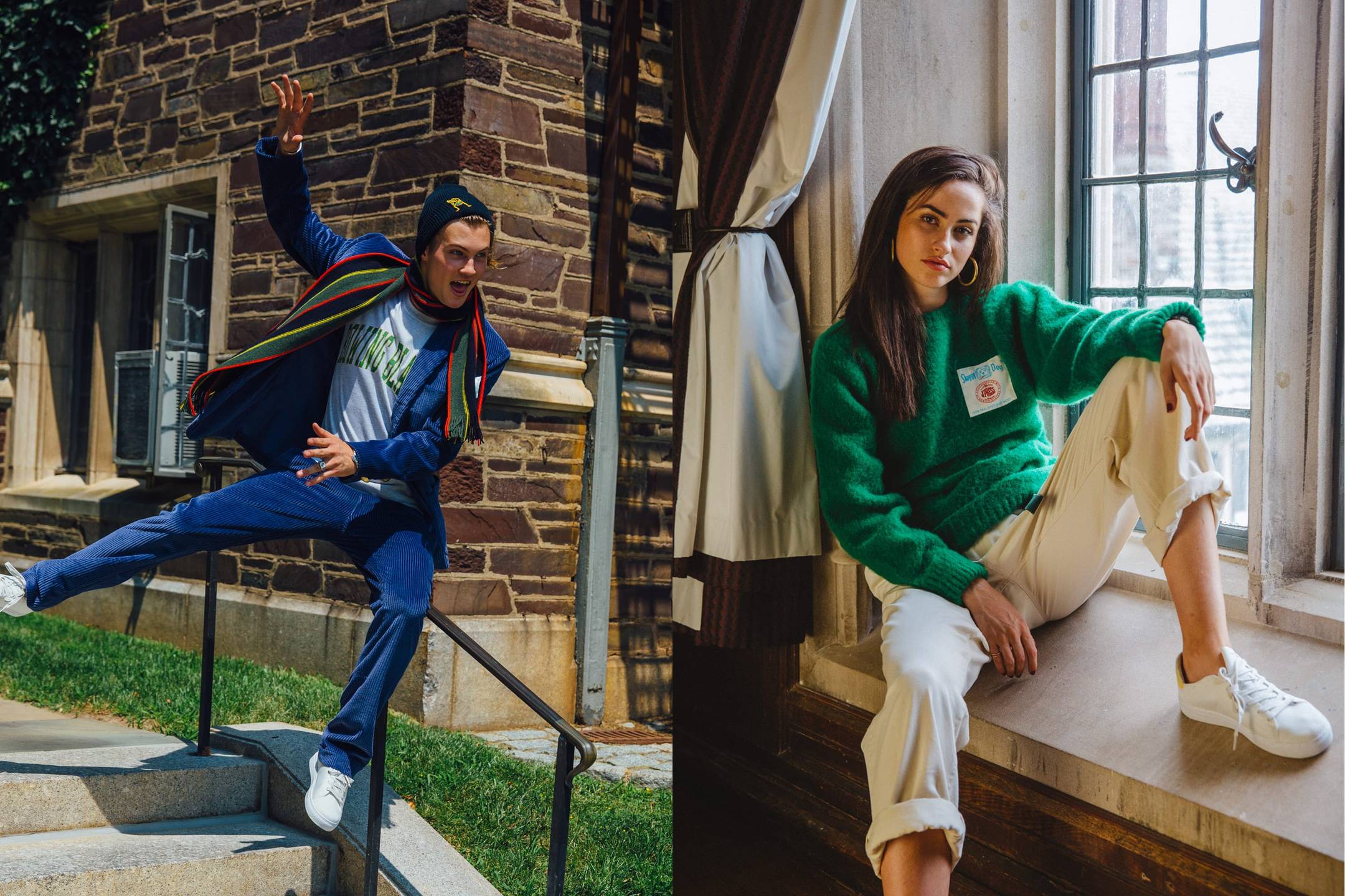 Male model wearing the Rowing Blazers Collegiate Tee in green and the Extra Soft Corduroy Jacket in royal blue. Female model wearing the JPress Shaggy Dog Sweater in green and the Cream Twill Wide Leg Trousers  