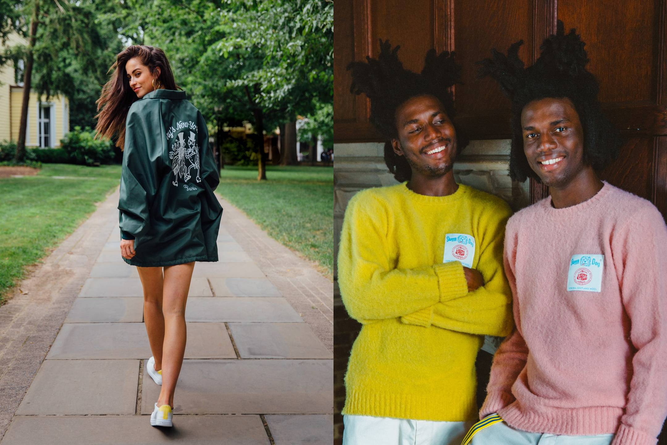 Female model wearing the Harry's New York Bar Coach's Jacket. Male model wearing the JPress Shaggy Dog Sweater in Yellow and the Cream Twill Wide Leg Trousers. Male model wearing the JPress Sweater in pink