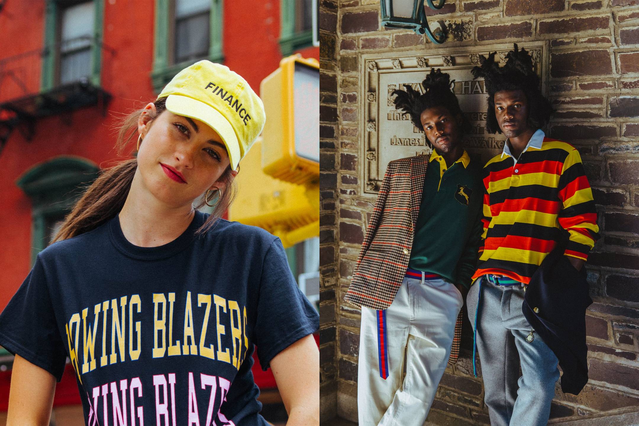 Female model wearing the Finance Cap and the Triple Collegiate Tee in black. Male model wearing the Richmond Rugby and the Grosgrain Belt in navy and green