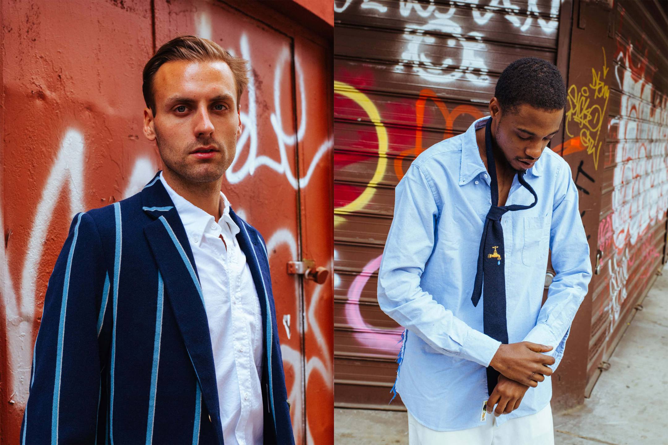 Male model wearing the Byzantine Stripe Freshman Blazer and the Oxford Button-Down in white. Male model wearing the Distressed Oxford with Busted Seams in blue and the Bath Club Tie 