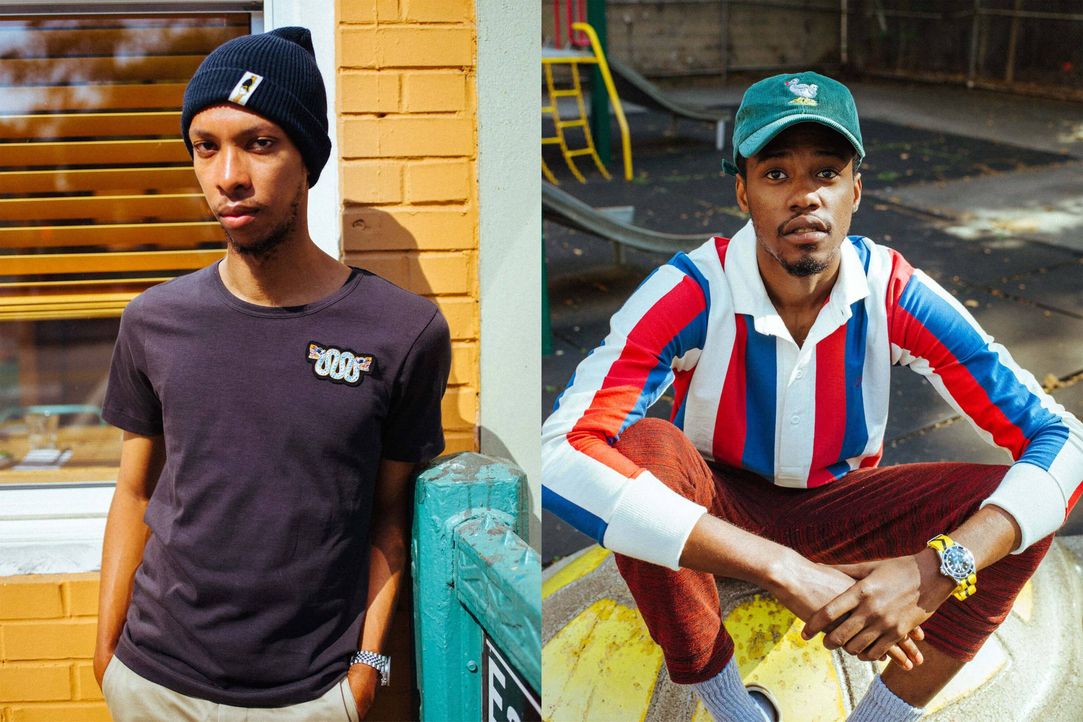 Male model wearing the Aztec Serpent Patch. Male model wearing the France Football Rugby, the Dodo Cap in green corduroy and the Watch Strap in yellow and black zig-zag