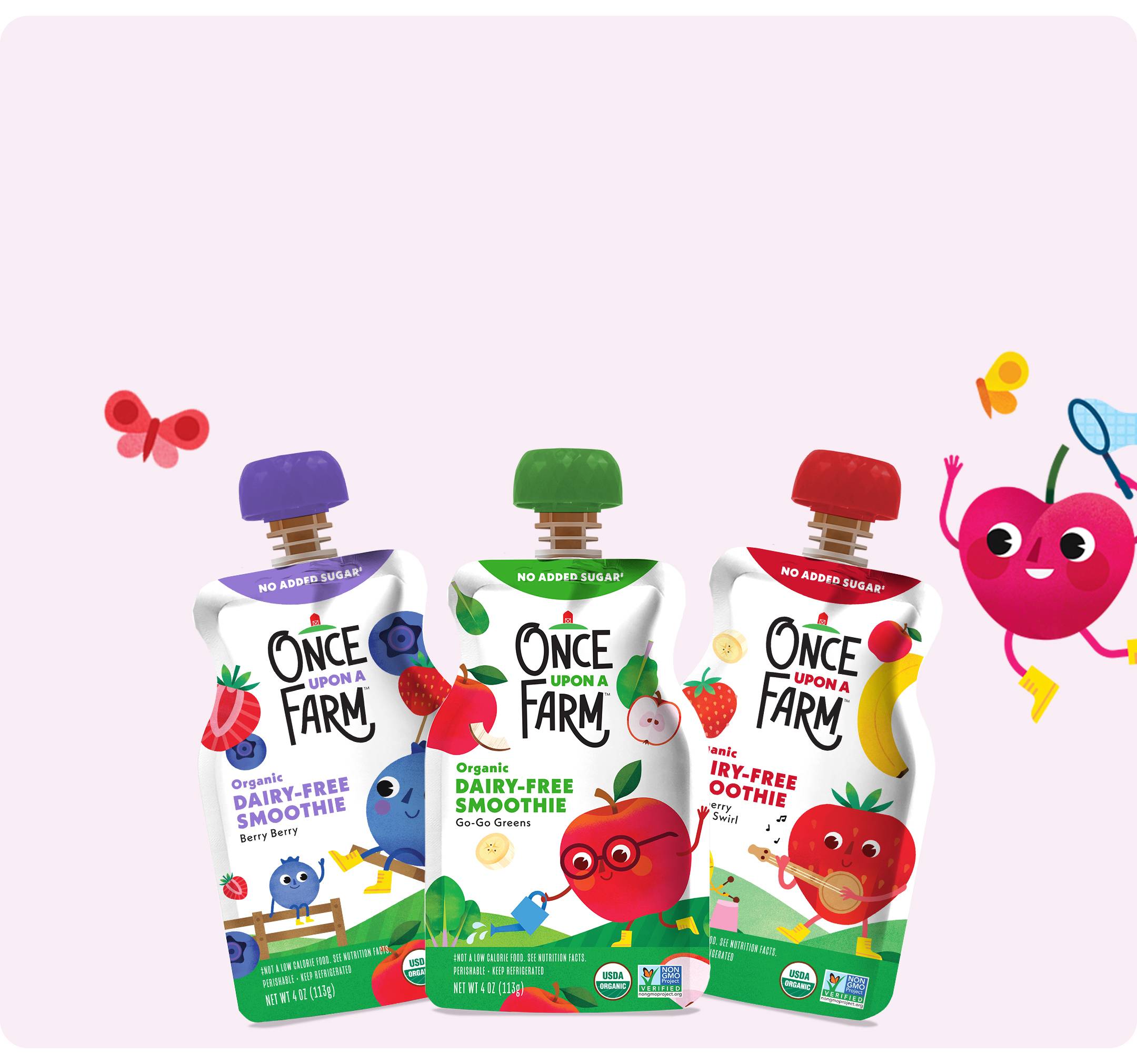 Front of dairy-free smoothie pouches and cherry in the background catching butterflies. 