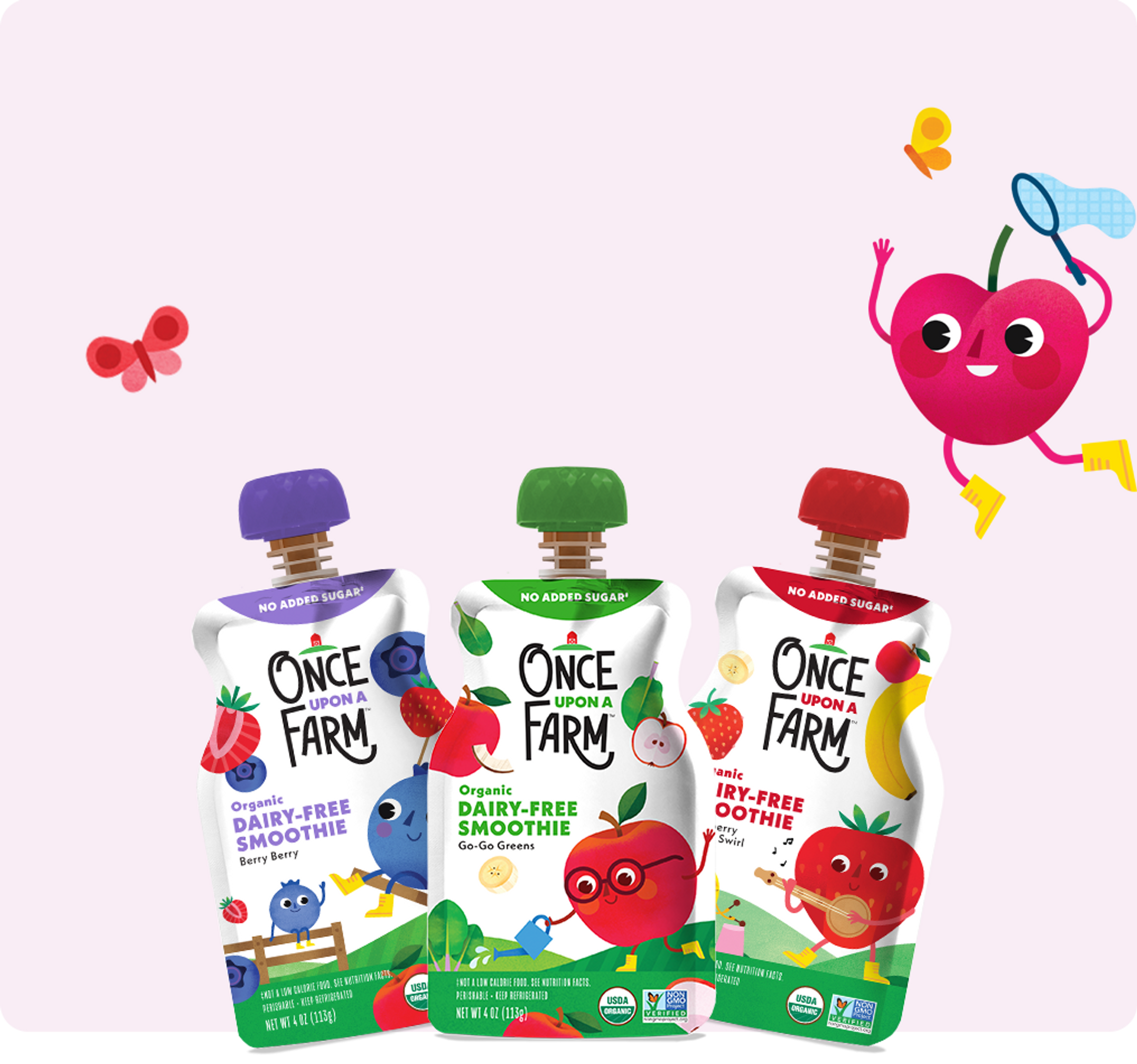 Berry Berry, Gogo Greens and Strawberry Banana Swirl Dairy-free Smoothies with illustrated characters 