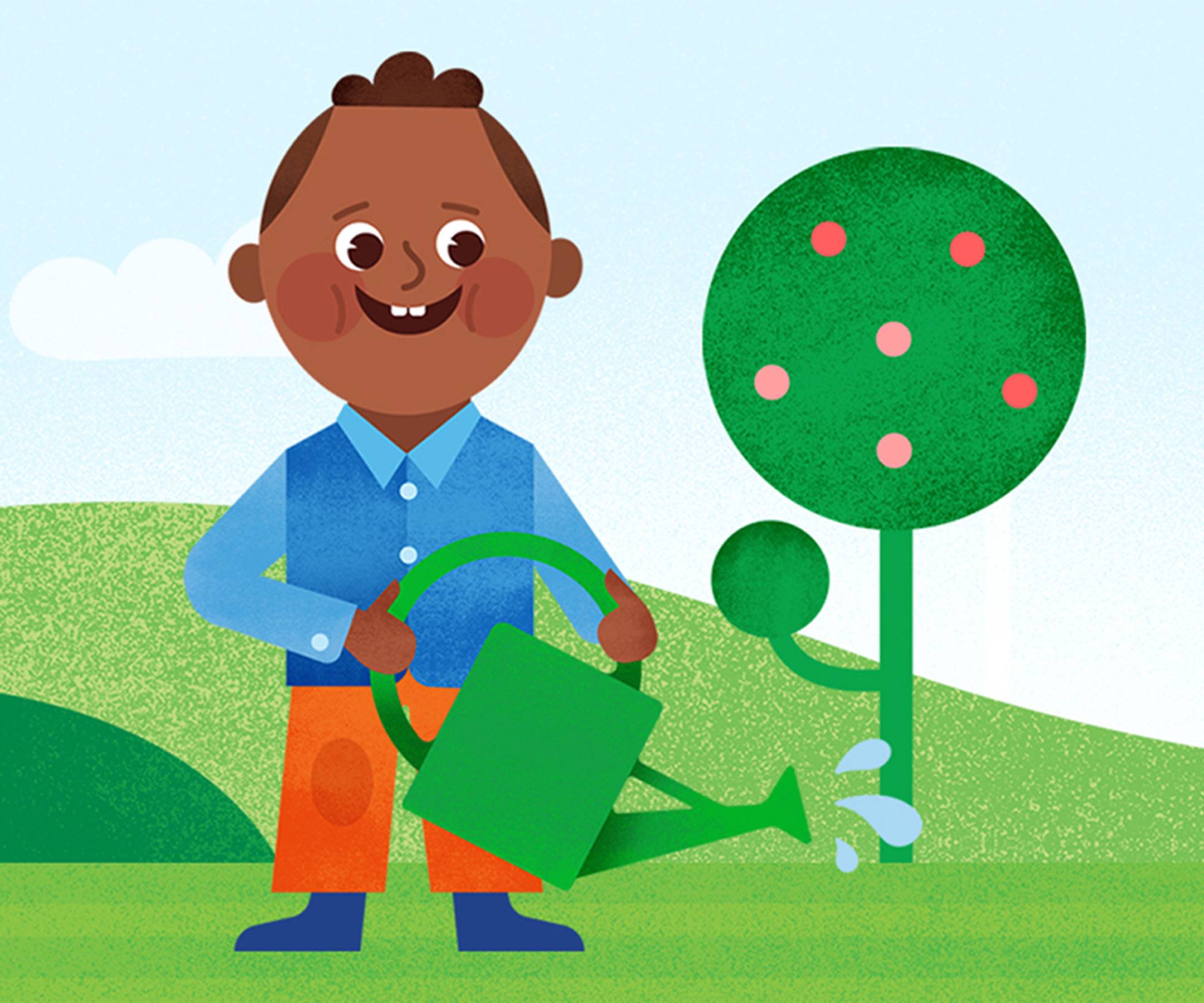 illustration of boy watering the grass with a watering can