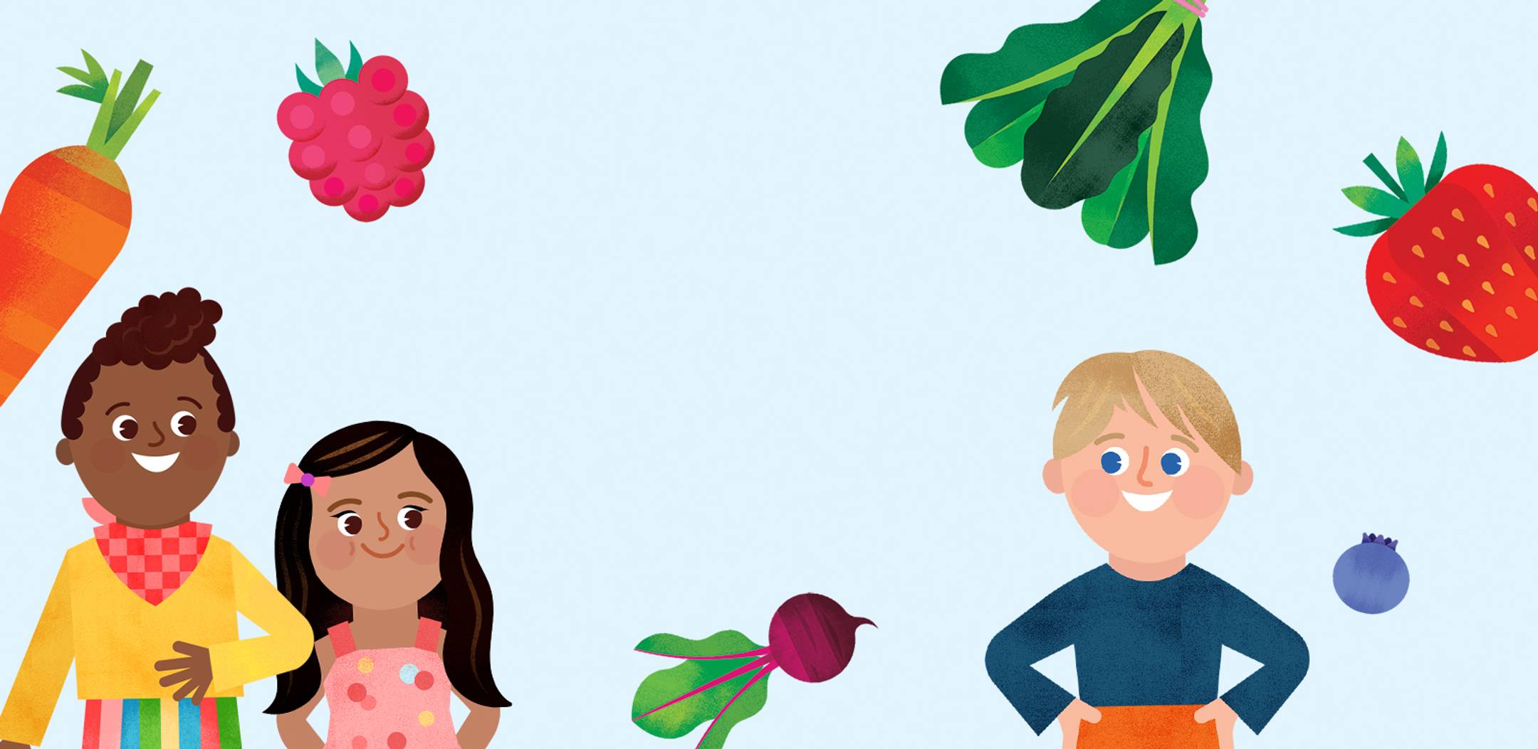 Illustrations of three kids and fruit & veggies
