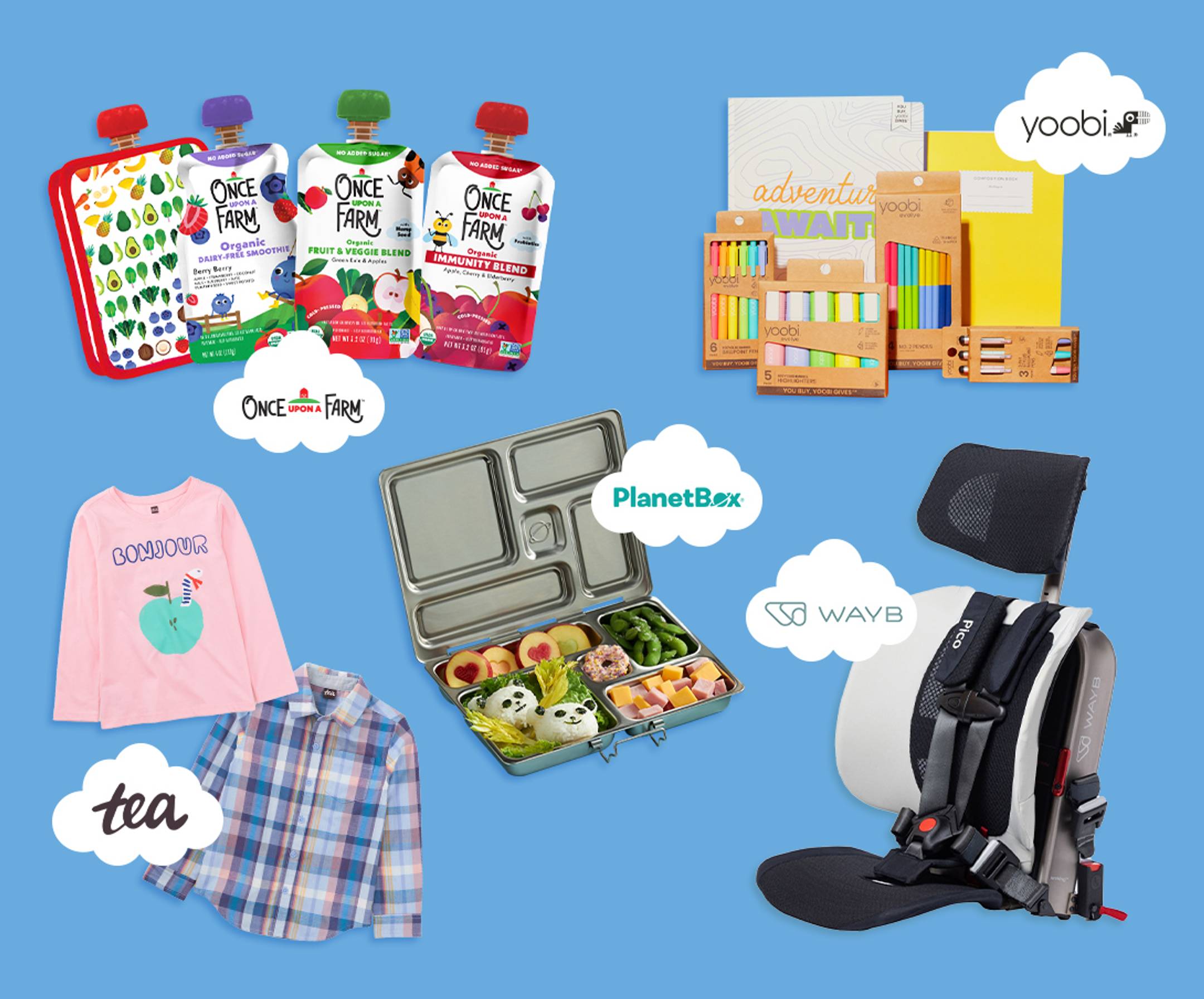 image collage of sweepstakes prizes from Once Upon a Farm, WAYB, Yoobi, PlanetBox, and Tea Collection.