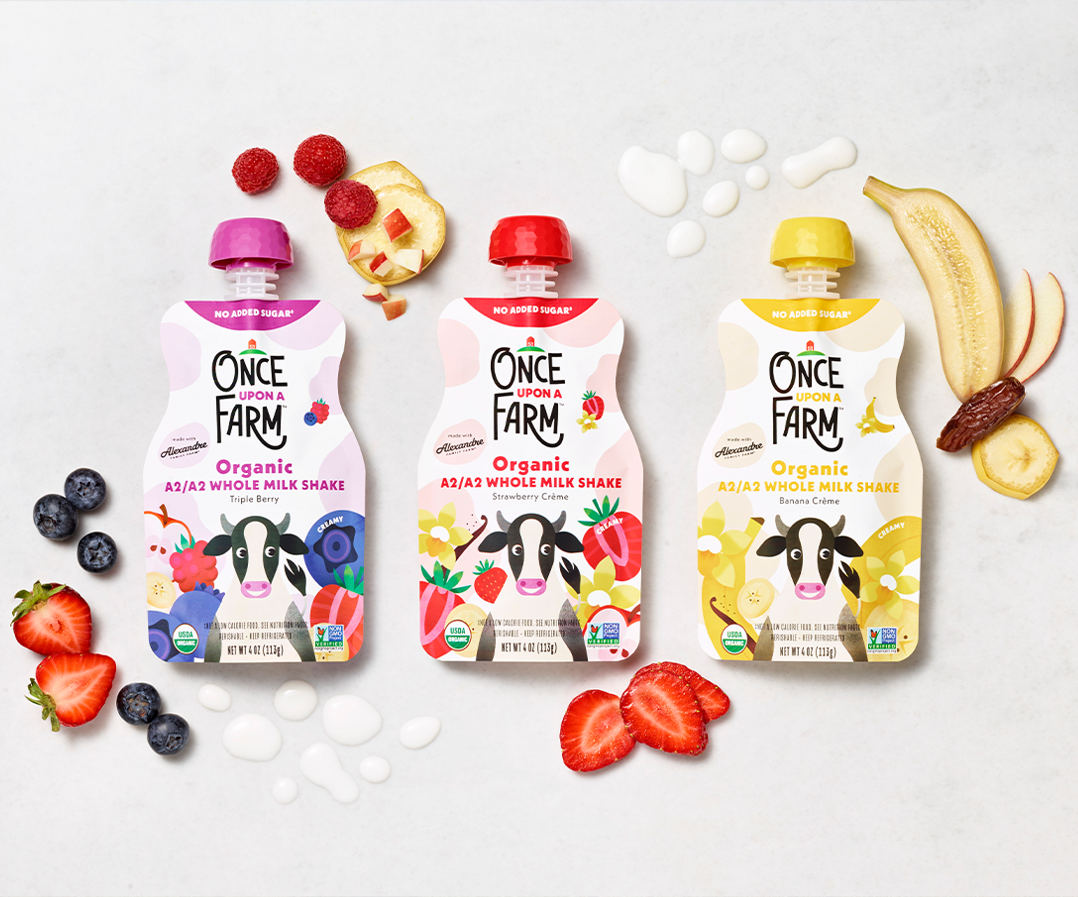 Product photography of our A2/A2 Whole Milk Shakes with ingredients in the background. 